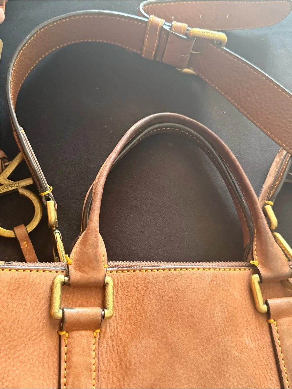 Calvin Klein Brown Leather Hobo Satchel with Gold Hardware